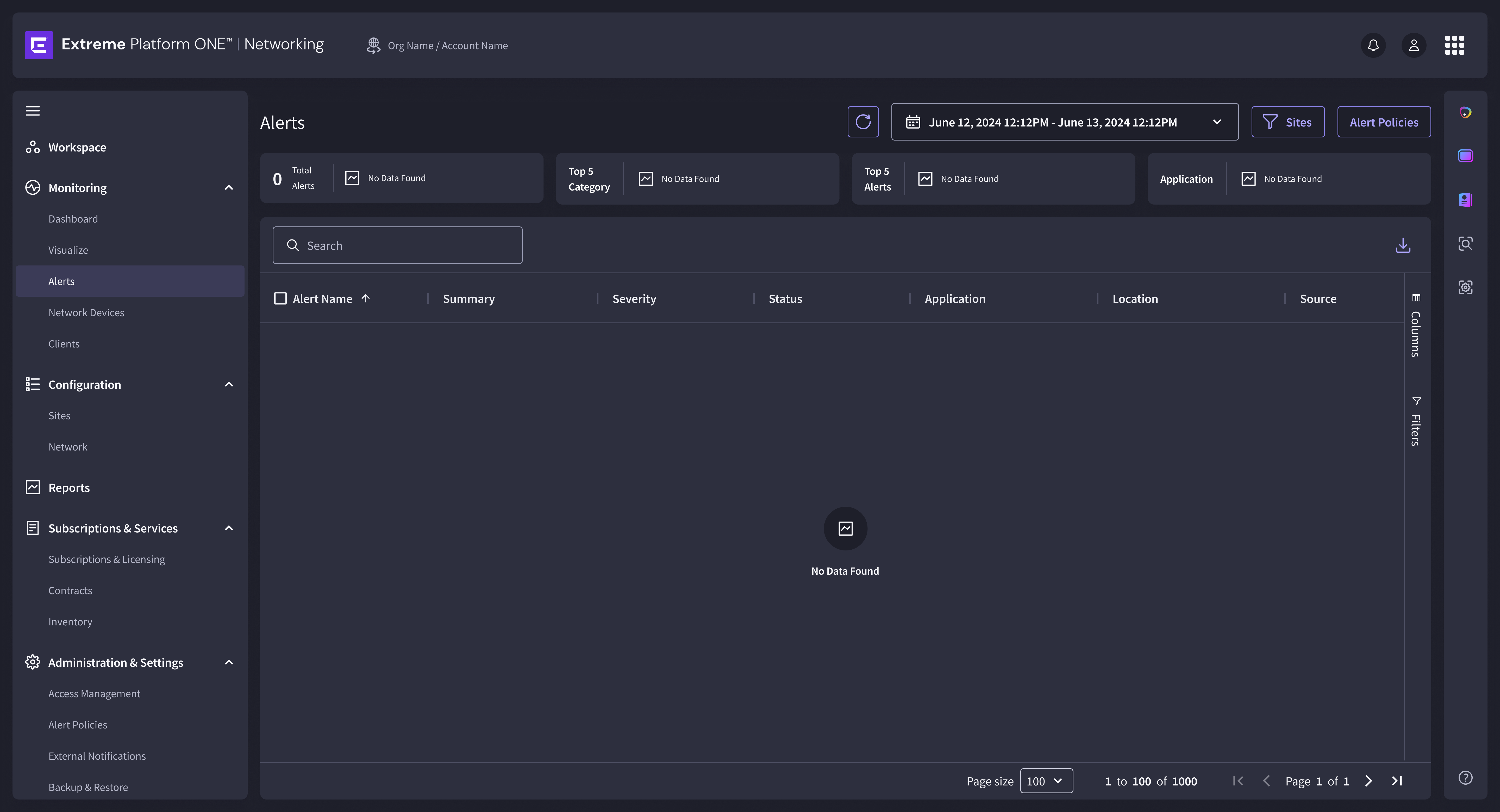 EP1 Alerts — zero alerts state with healthy status indicators